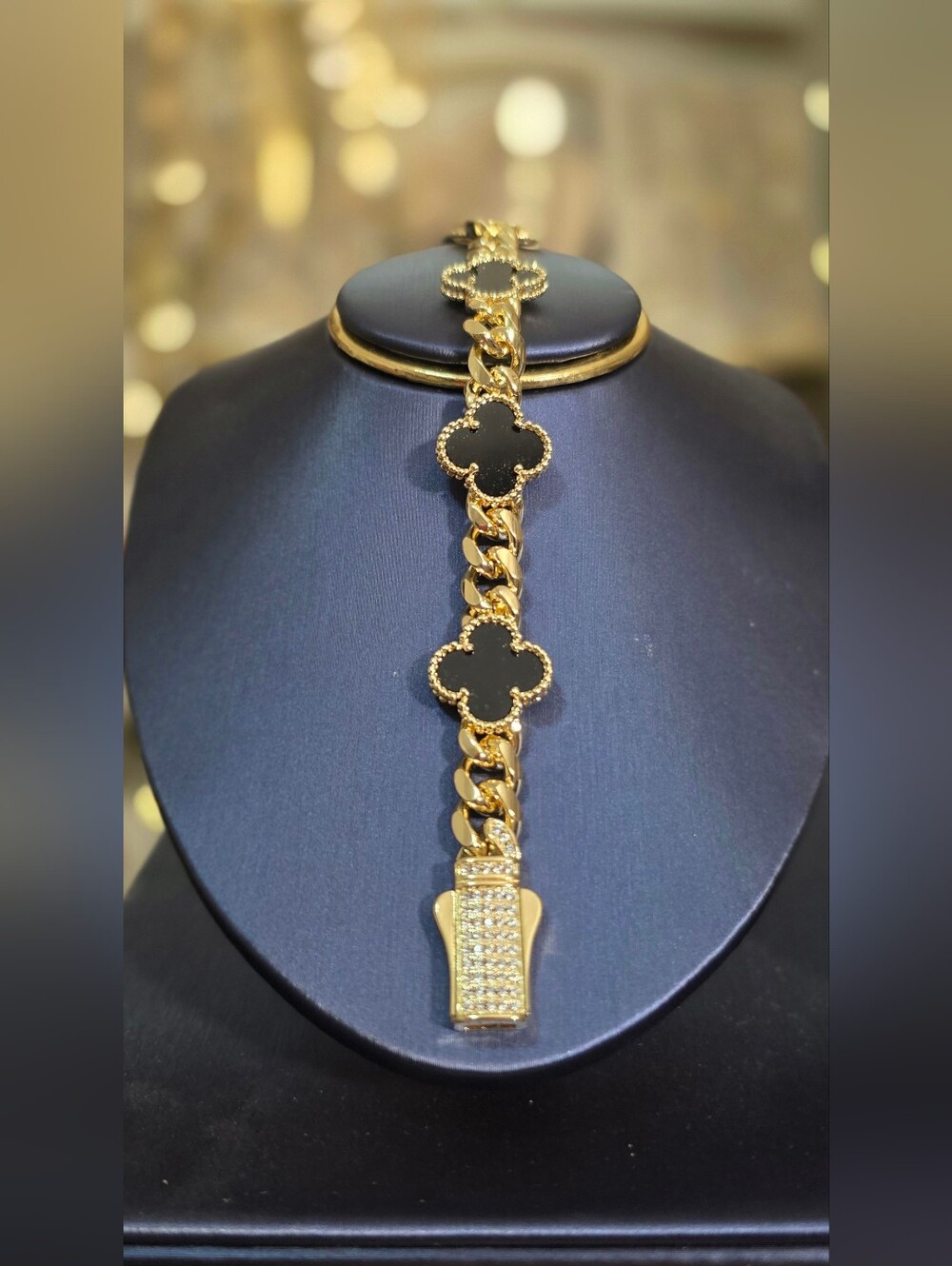 Gold Plated 8" inch Clover-Link Bracelet with Black Enamel Accents